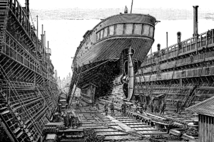 Ink pen drawing of a ship being manufactured