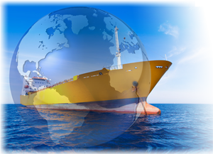 Large boat with globe superimposed over it